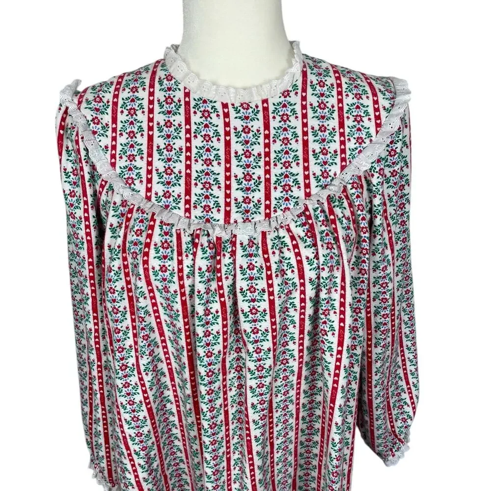 Vintage Lanz of Salzburg Cotton Flannel Nightgown Floral Hearts Medium Cottage - Picture 2 of 15